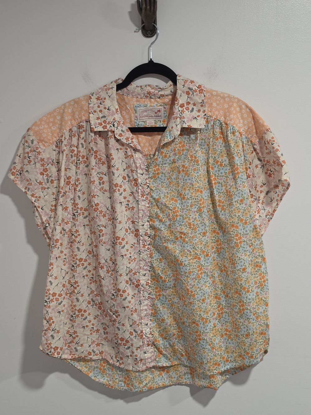 American Eagle Outfitters Floral Patchwork Oversized Button-Down Shirt Women's L